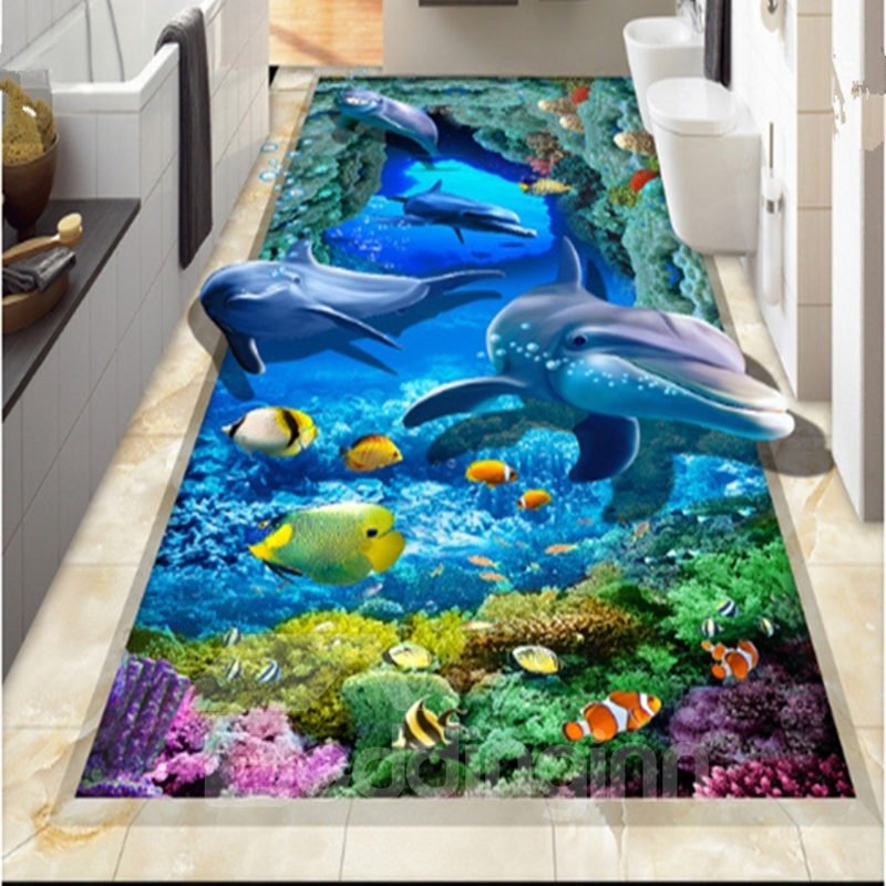 Murales de piso 3D de tamaño personalizado impermeables con paisaje marino de delfines y peces vívidos de diseño único