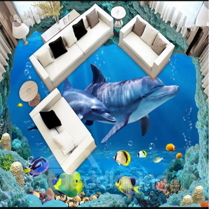 Zarte Delfin- und Fisch-Meereslandschaft, dekorative, wasserdichte 3D-Bodenwandbilder