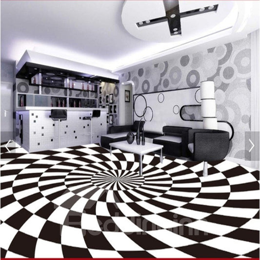 Murales de piso 3D impermeables con empalme de patrón de cuadrícula irregular en blanco y negro de estilo simple
