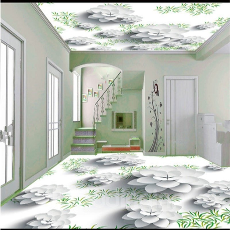 Elegant White Flowers and Green Plants Pattern Antiskid and Waterproof 3D Floor Murals