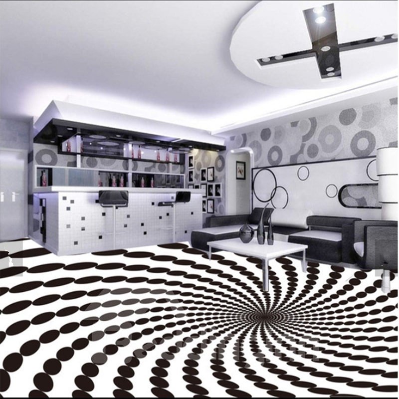Murales de piso 3D antideslizantes e impermeables con diseño en espiral en blanco y negro vivo