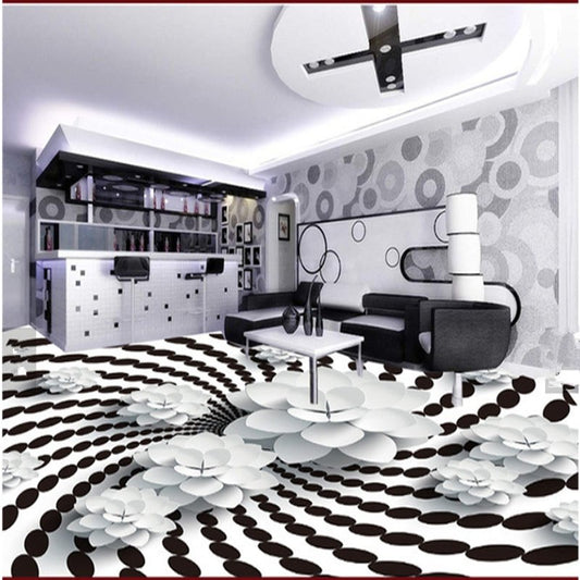 Creativo patrón en espiral blanco y negro con decoración floral, murales de suelo 3D impermeables