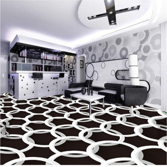Murales de suelo 3D impermeables decorativos con anillos redondos blancos sobre fondo negro