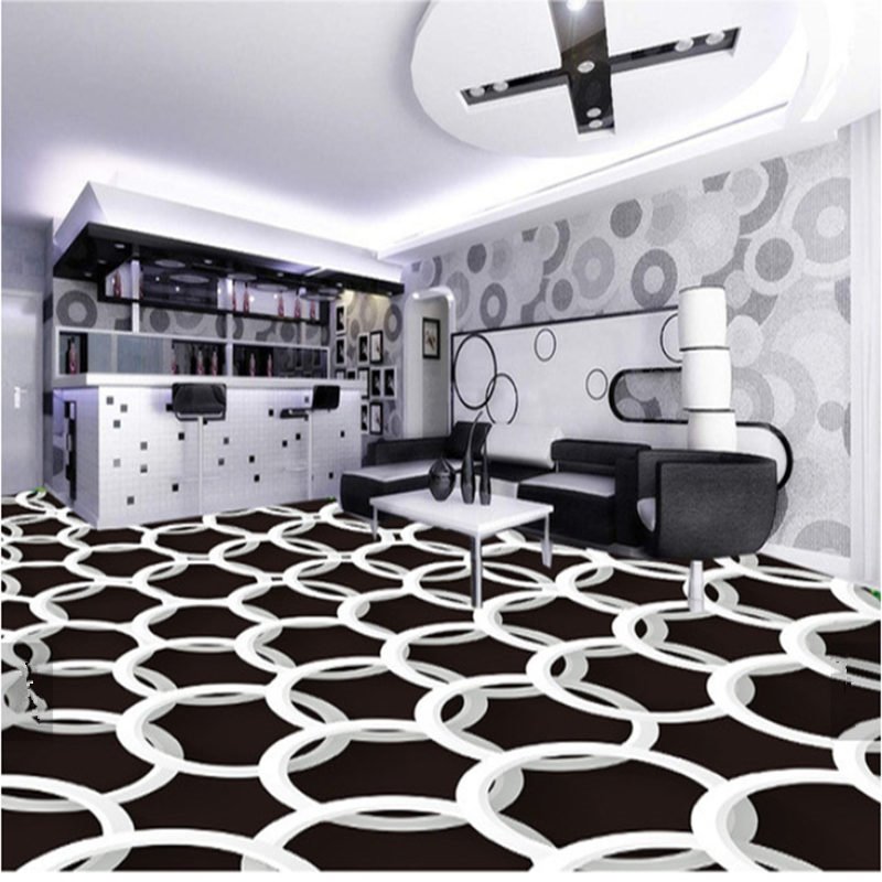 White Round Rings on Black Background Decorative Waterproof 3D Floor Murals