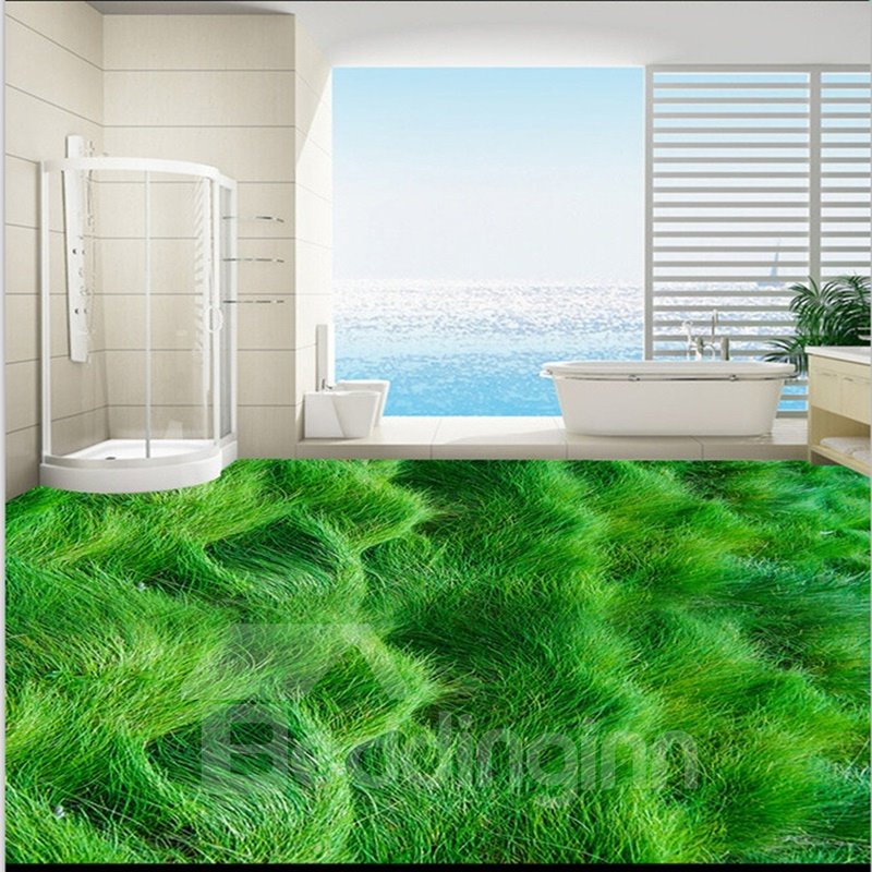 Fantastische wasserfeste 3D-Bodenwandbilder für die Badezimmerdekoration mit wellenförmigem Grasland