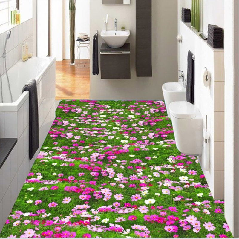 Murales de suelo 3D impermeables decorativos para el hogar con diseño de campo de flores preciosas
