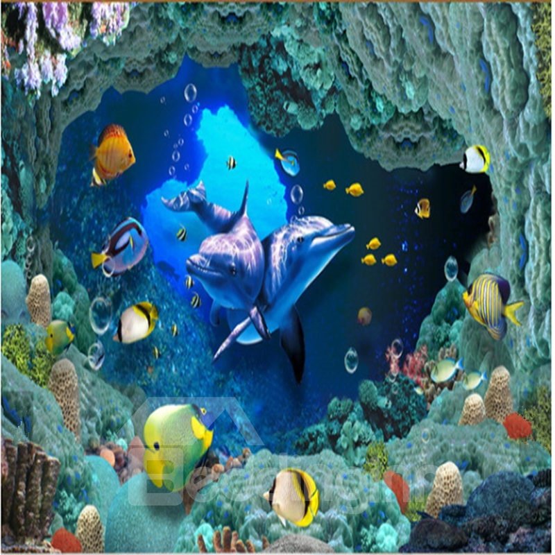 Niedliche Delfine und Fische unter dem Meeresmuster, gesunde Verbindung, wasserdichte 3D-Bodenwandbilder