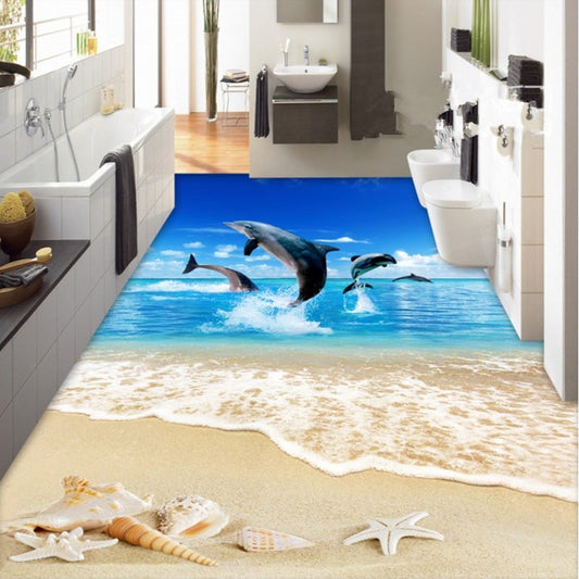 Diseño contemporáneo, delfines saltadores, paisaje marino, patrón que empalma murales de piso 3D