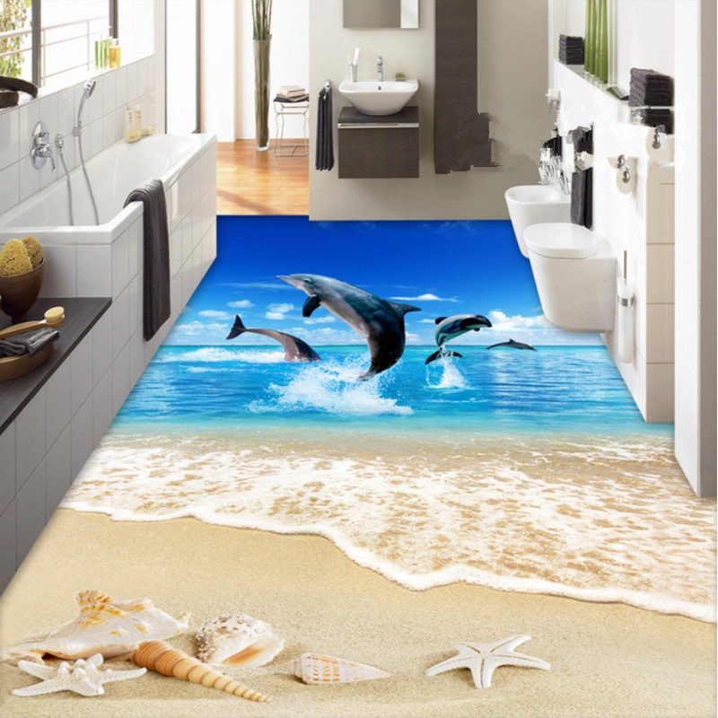 Diseño contemporáneo, delfines saltadores, paisaje marino, patrón que empalma murales de piso 3D