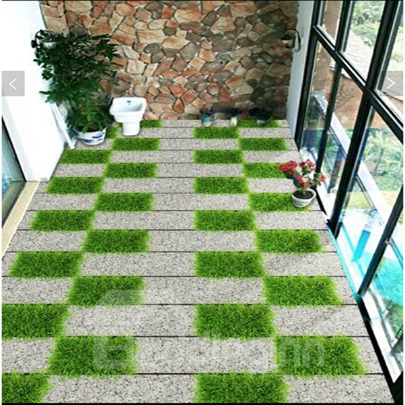 Murales de suelo 3D impermeables decorativos impermeables con patrón de rejilla de hierba blanca y verde