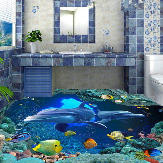 Murales de suelo autoadhesivos ecológicos antideslizantes impermeables de PVC con patrón de delfines marinos azules en 3D