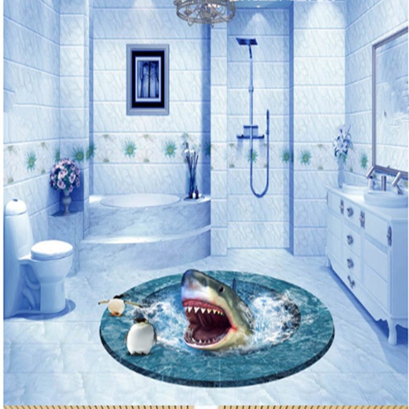 3D Shark in Sea with White Edges Pattern PVC Waterproof and Eco-friendly Floor Murals