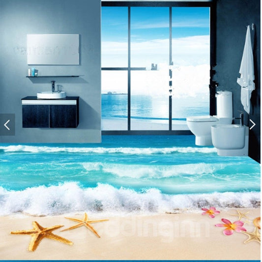 Murales de suelo 3D antideslizantes e impermeables con diseño de estrella de mar, flor y concha en la playa