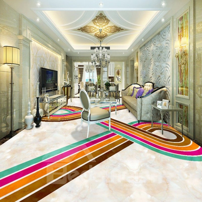 Stunning Modern Design Colorful Strips Pattern Waterproof Splicing 3D Floor Murals