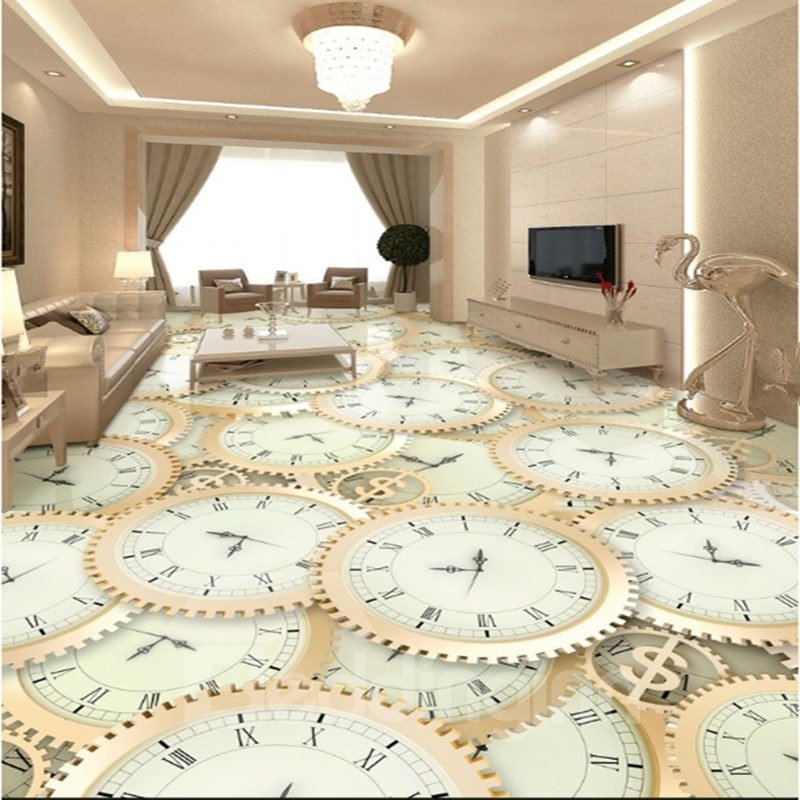 Murales de piso 3D impermeables con empalme decorativo decorativo para el hogar con patrón de relojes de engranajes de diseño divertido