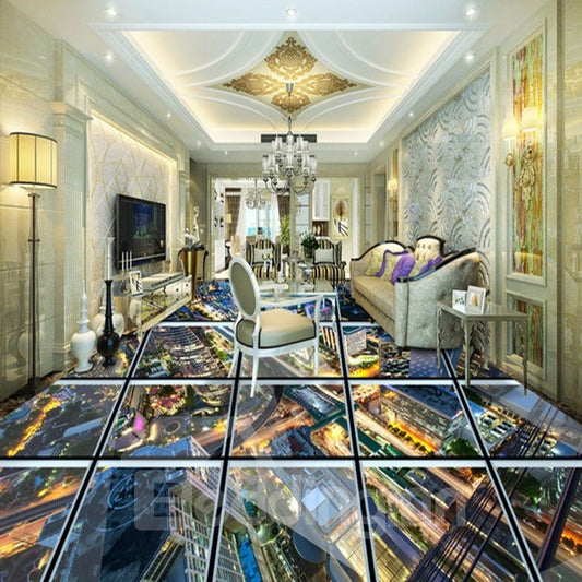 Patrón de paisaje de ciudad de vidrio transparente realista que empalma murales de piso 3D impermeables