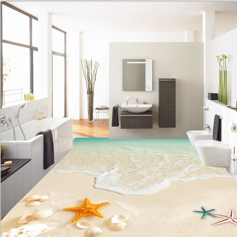 Murales de suelo 3D impermeables decorativos con paisajes de playa de conchas marinas y estrellas de mar