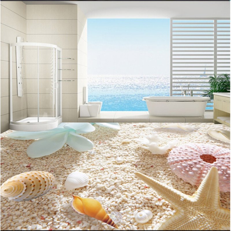 Frische dekorative Muscheln und Seesterne auf den 3D-Bodenwandbildern am Strand