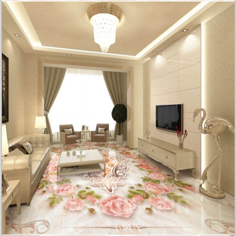 Murales de piso 3D impermeables decorativos para el hogar con patrón de flores de color rosa cálido