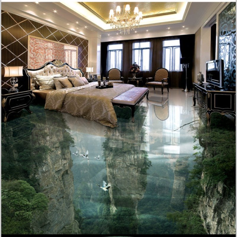 3D Green Trees and Mountain Reflecting in Lake Waterproof Non-slip Eco-friendly Floor Murals