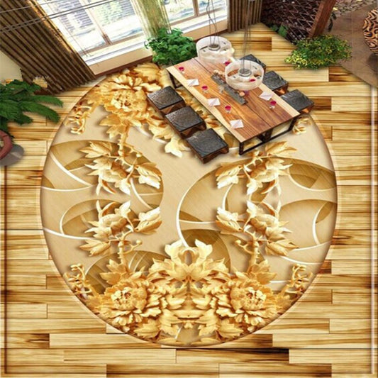 Murales de piso 3D con empalme impermeable para decoración de sala de estar con patrón de flores doradas