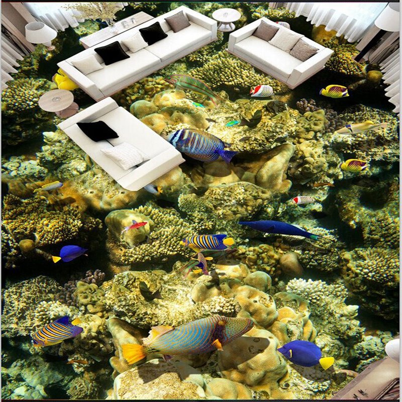 Exquisite schöne Fische im Korallenmuster, dekorative, wasserfeste Spleiß-3D-Bodenwandbilder