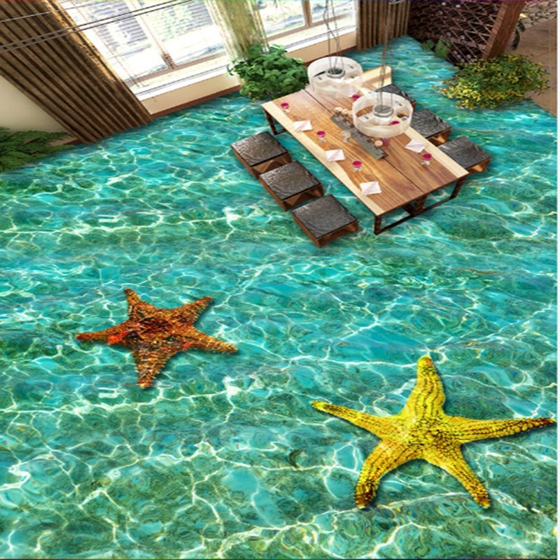 Murales de suelo 3D impermeables con estampado de estrellas de mar tranquilas en el mar inmenso y límpido