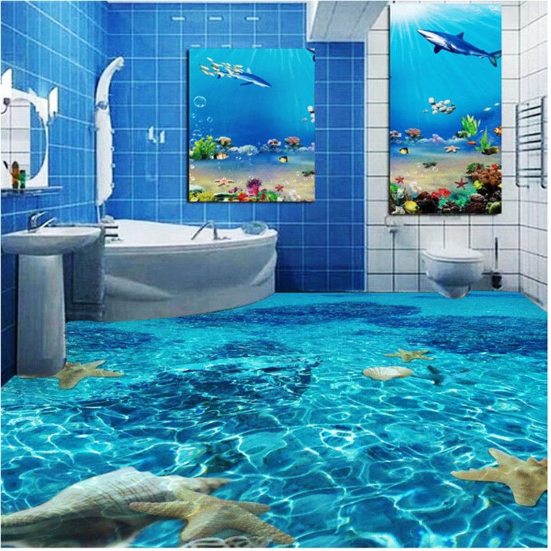 Blue Sea Containing Shell Conch and Starfish Nonslip and Waterproof 3D Floor Murals