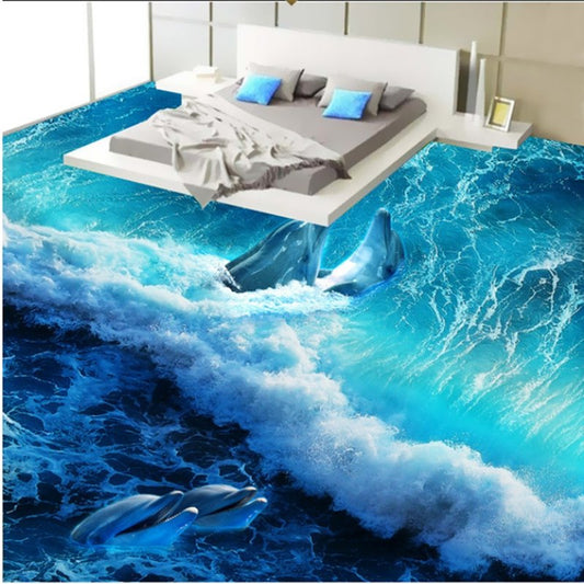 Murales de suelo 3D impermeables con diseño maravilloso de delfines felices jugando en el mar con patrón de ondas