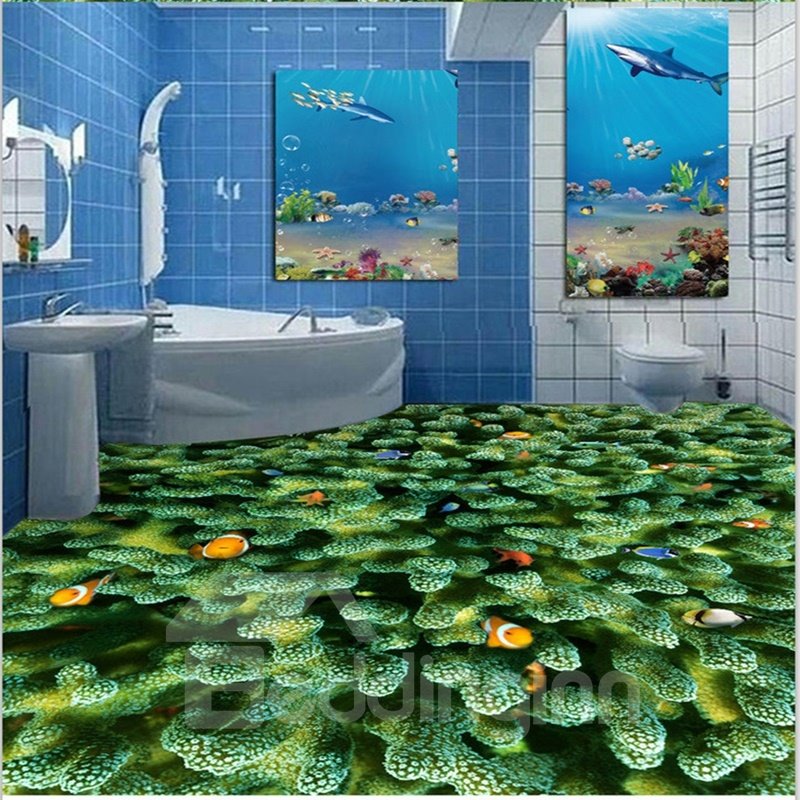 Colorful Fishes Playing in the Green Corals Pattern Decorative Waterproof 3D Floor Murals