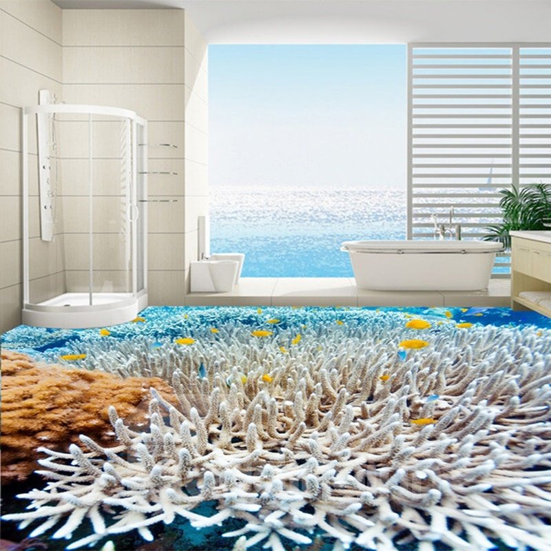 Faszinierende, wunderschöne wasserfeste 3D-Bodenwandbilder mit Korallendickicht im Meeresmuster