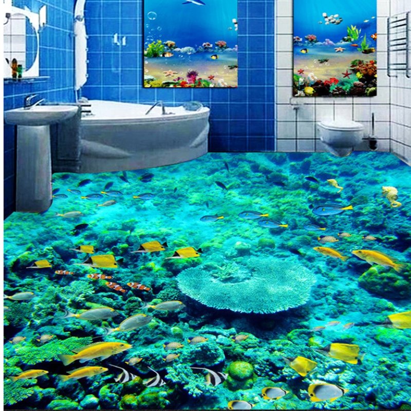 Murales de suelo 3D impermeables con diseño moderno y vívido, peces coloridos en el patrón de coral