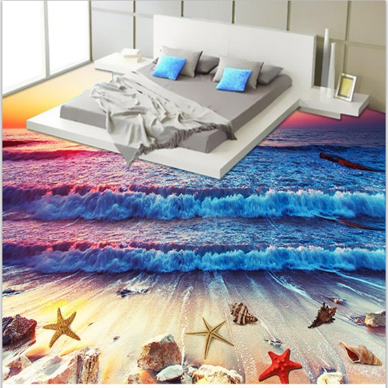Papel tapiz con diseño de paisaje de playa y olas de mar, puesta de sol espléndida, murales de suelo 3D impermeables