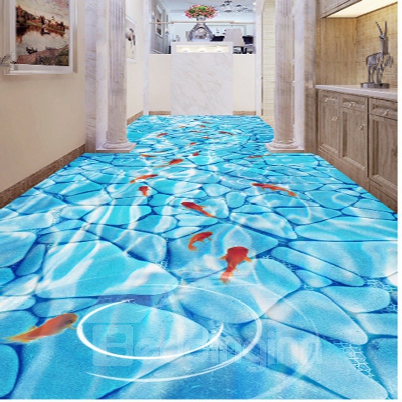 Rutschfeste und wasserdichte 3D-Bodenwandbilder mit Muster aus Goldfischen, die im klaren Wasser spielen