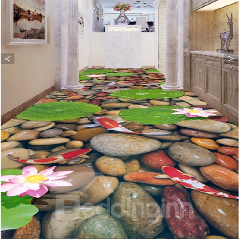 Murales de suelo 3D impermeables decorativos con adoquines y peces dorados en el agua