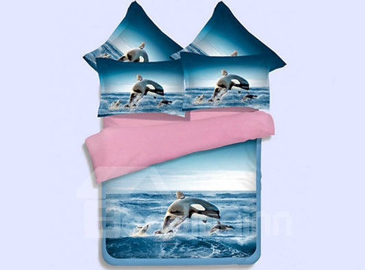 Vivid 3D Orca Printed 4-Piece Polyester Duvet Cover Sets