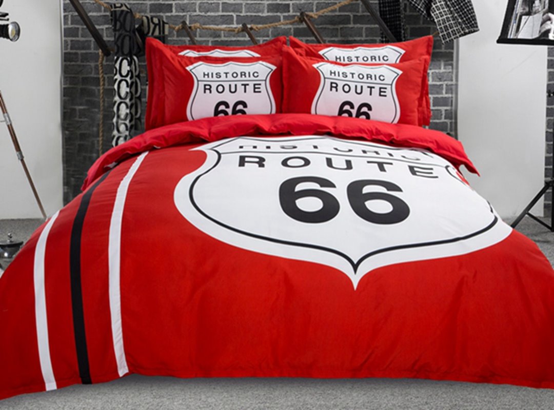 Beliebte rote 4-teilige Polyester-Bettbezug-Sets mit Route 66-Aufdruck