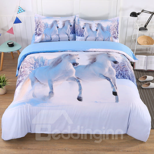 3D White Snow Horse Printing 5-Piece Comforter Set/Bedding Set Wear-resistant Endurable Skin-friendly All-Season Twin Full Queen King