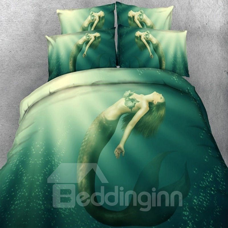 Wunderschönes 5-teiliges Bettdecken-Set/Bettwäsche-Set mit Meerjungfrau-im-Meer-Aufdruck, Grün