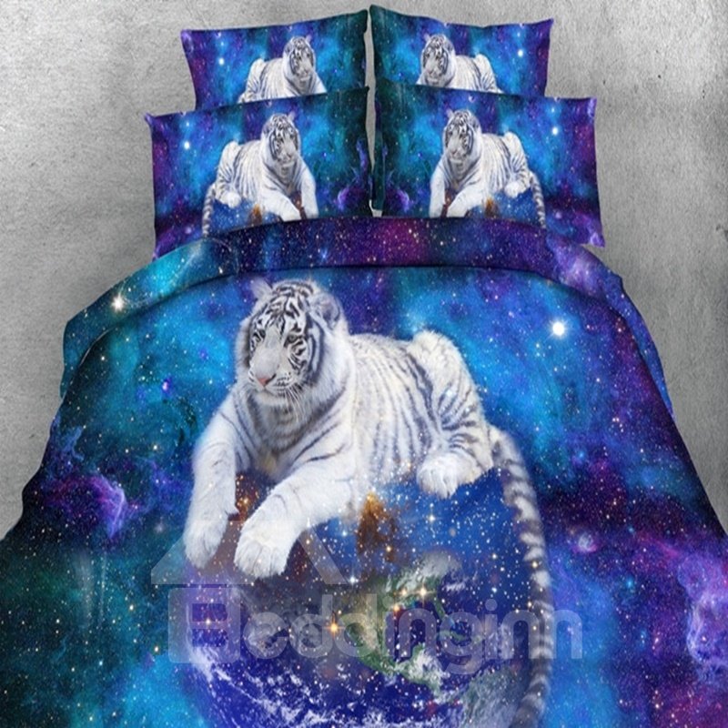 5-teilige Bettdeckensets aus Polyester mit 3D-Aufdruck „Weißer Tiger und Galaxie“.