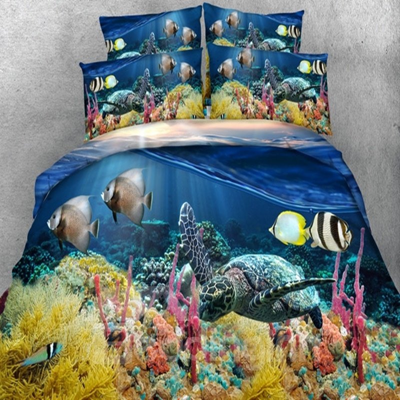 Juego de edredón / ropa de cama azul de 5 piezas con estampado de tortuga marina realista en 3D 