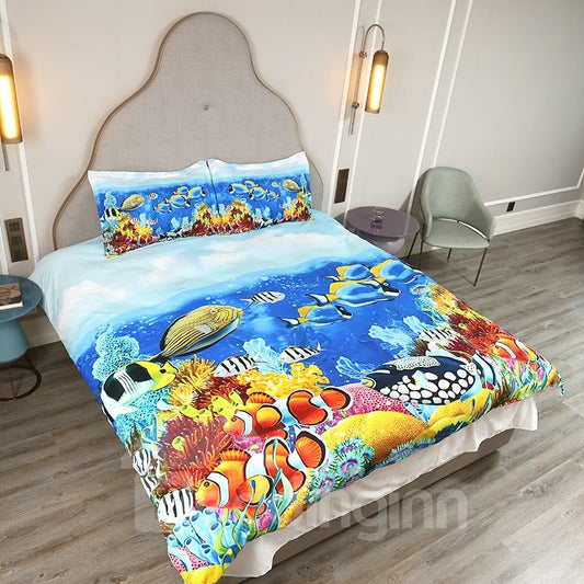 5-teiliges Bettdecken-Set/Bettwäsche-Set mit 3D-Motiv, bunter Seefisch-Aufdruck, weiches, hautfreundliches Polyester, Blau