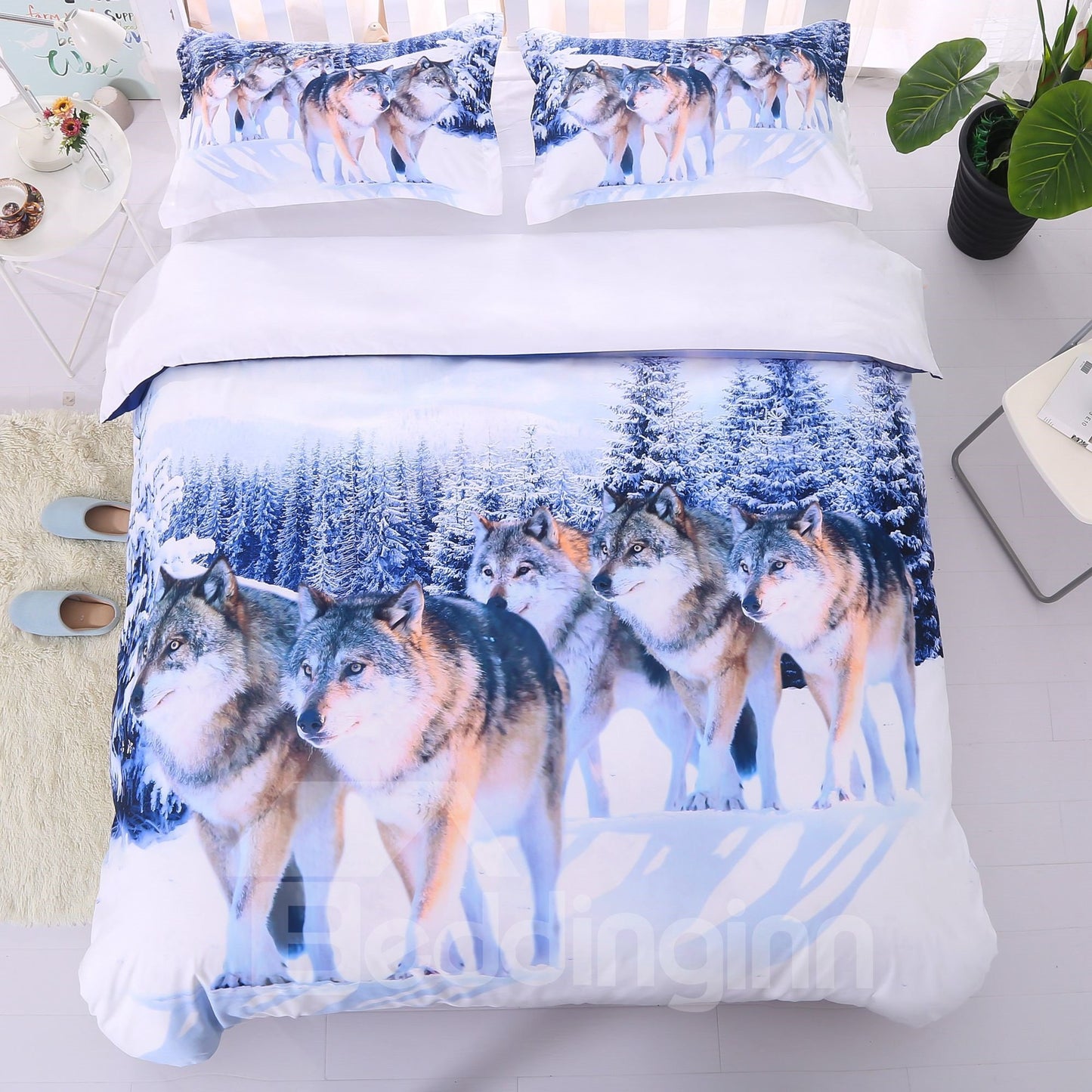 Lebensechte Schneewolf Digitaldruck 5-teilige Bettdeckensets Weiß Ultraweiches, lichtbeständiges Polyester-Bettwäscheset Twin Full Queen King 