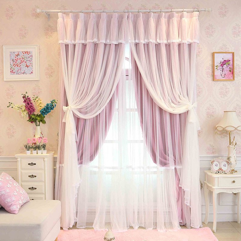 Princess Style Pink Sheer and Cloth Sewing Together Blackout Custom Curtain