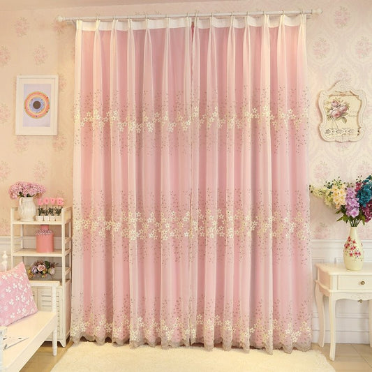Conjuntos de cortinas con bordado floral rústico de tela transparente y rosa para coser juntos