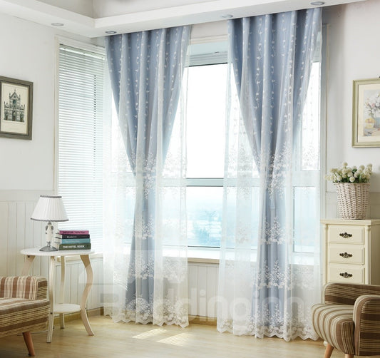 Conjuntos de cortinas de tela azul y transparente con bordado de hojas blancas dulces