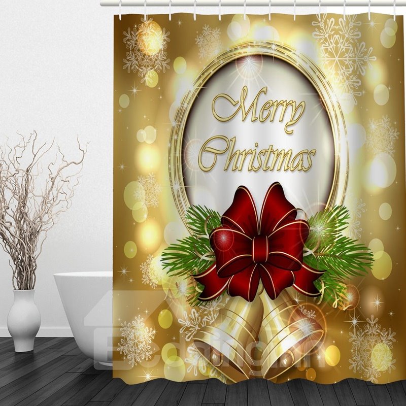 Golden Jingle Bell Printing Christmas Theme Bathroom 3D Shower Curtain