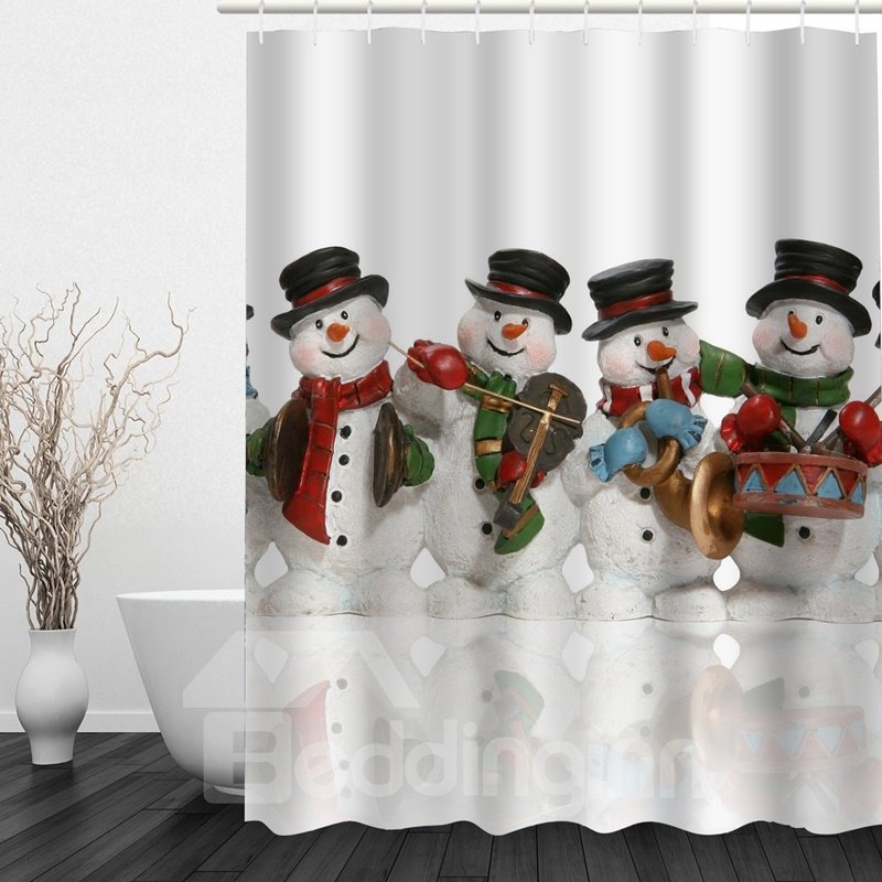 Cortina de ducha 3D para baño con tema navideño con estampado de banda de muñeco de nieve lindo