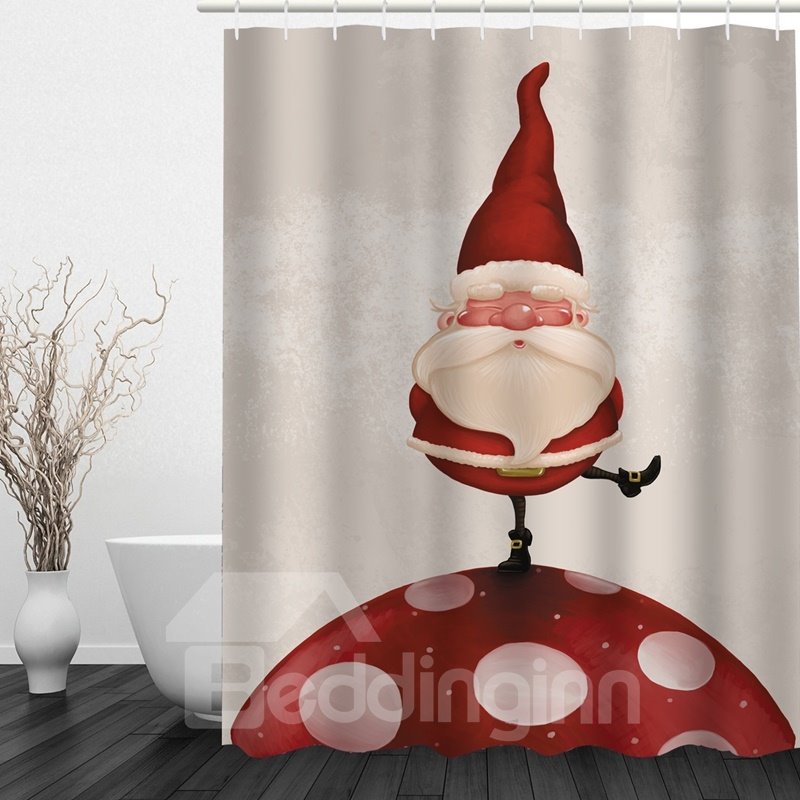 3D-Duschvorhang mit Weihnachtsmotiv für das Badezimmer, Weihnachtsmann steht auf einem Pilz
