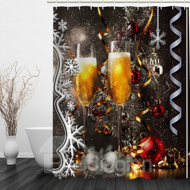 3D-Duschvorhang mit weihnachtlichem Aufdruck für das Badezimmer mit Stielgläsern voller Champagner